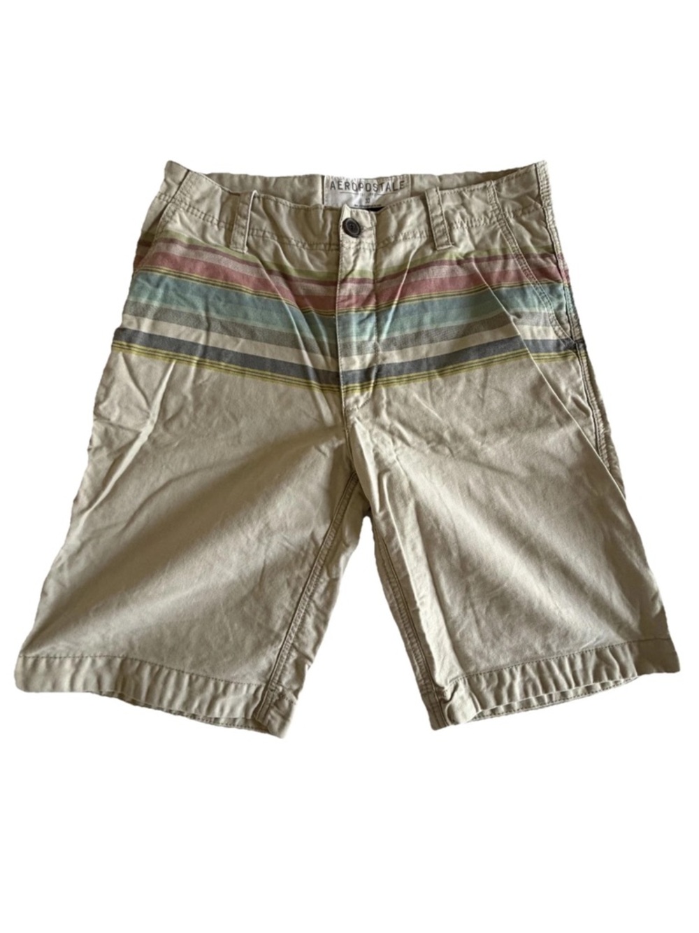 Aeropostale Chino Shorts Mens 33 Beige Striped Cotton Pockets Rainbow Skater Dad